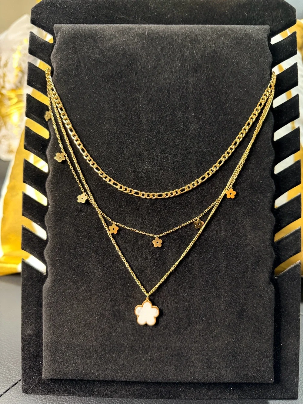 Gold Floral Layered Necklace with Mother-of-Pearl Pendant